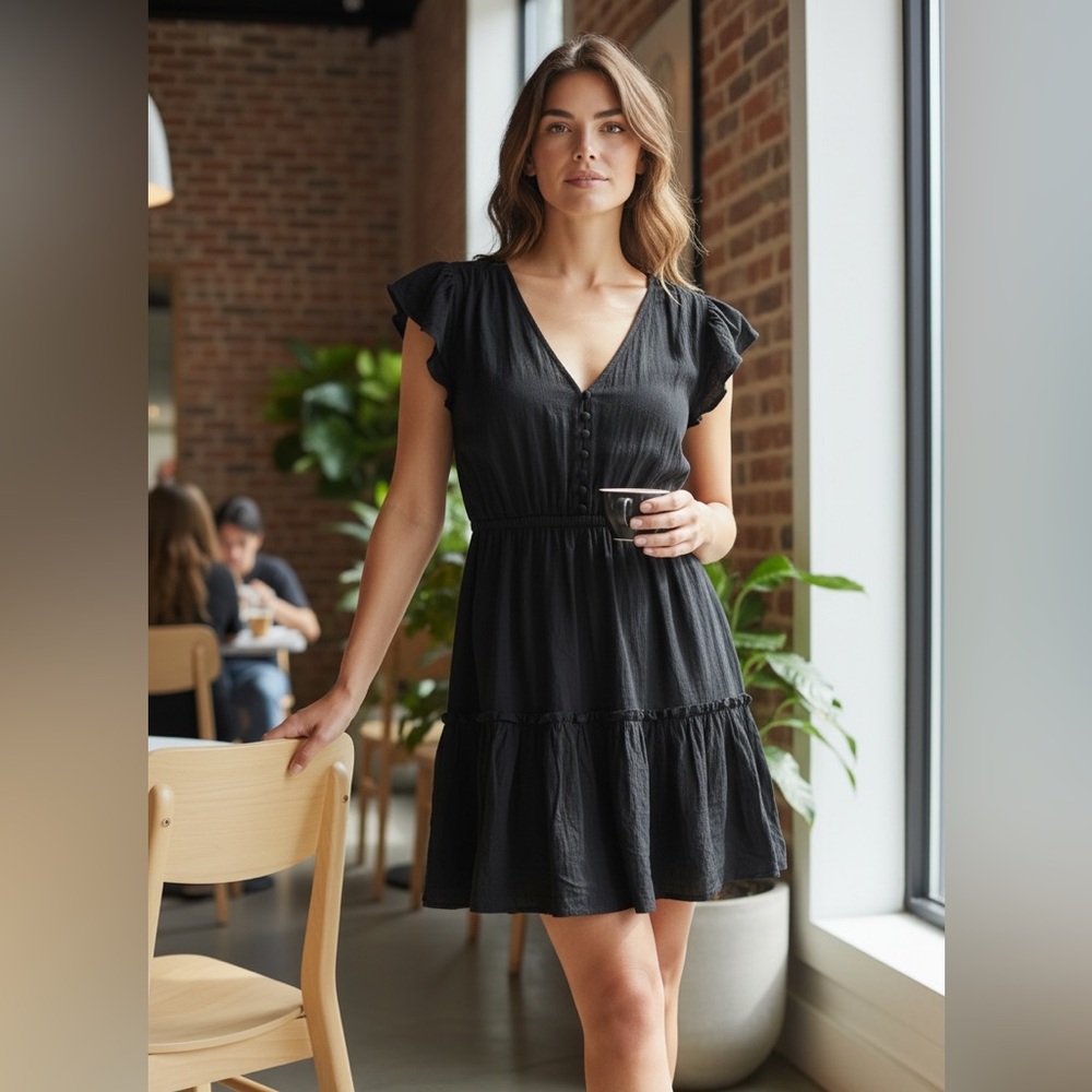 Paige XS Black Ruffle Sleeve Dress